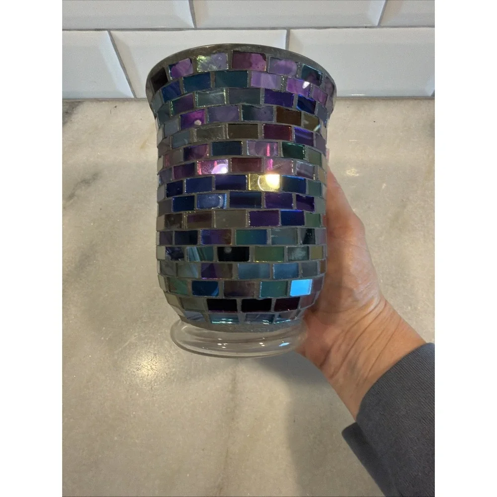 Stunning Vtg Iridescent Purple GLASS MOSAIC HURRICANE LAMP/candle Holder GW993 - Picture 7 of 10